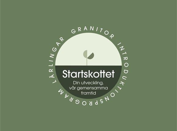 En illustration av ett grönt litet växtskott från en brun jord. I jorden står det 'Startskottet - din utveckling, vår gemensamma framtid.' Inramat som en cirkel står det: 'Granitor. Introduktionsprogram. Lärlingar.'