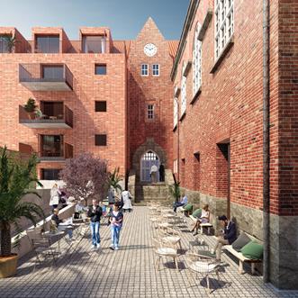 Exteriör över Granitor Properties bostäder i Brf Parkskolan i Ängelholm