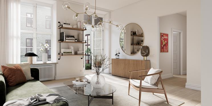 Vardagsrum från Granitor Properties bostäder Brf Maria Magle i Lund
