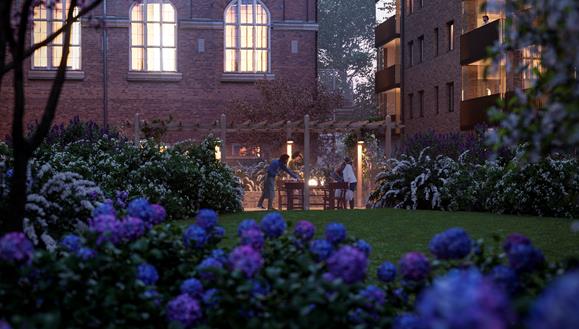 Grönska i Granitor Properties bostäder i Brf Parkskolan i Ängelholm