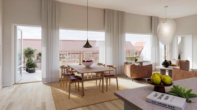 Vardagsrum i Granitor Properties bostäder Brf Parkskolan i Ängelholm