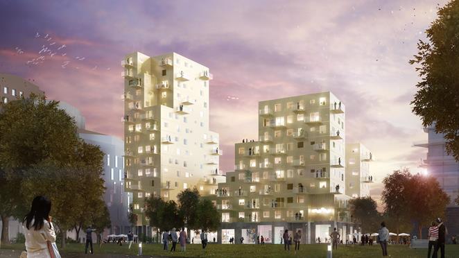Översiktsbild över Granitor Properties bostäder Kvarteret Superblock på Årstafältet i Stockholm